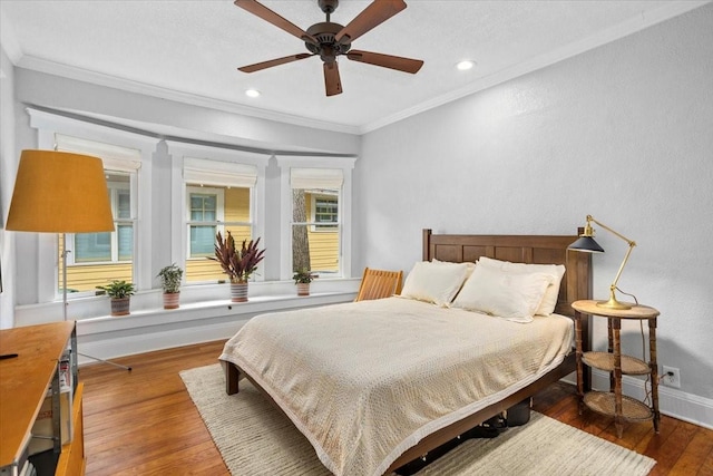 1600 S Adams St, Fort Worth, TX 76104 - bedroom featuring ornamental molding, wood finished floors, recessed lighting, and a ceiling fan