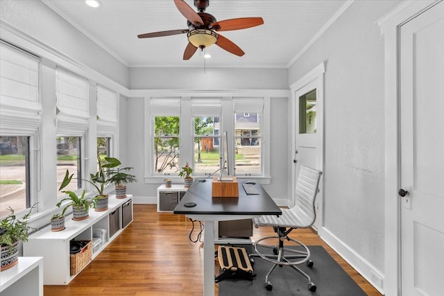 1600 S Adams St, Fort Worth, TX 76104 - office featuring ceiling fan, wood finished floors, ornamental molding, and recessed lighting