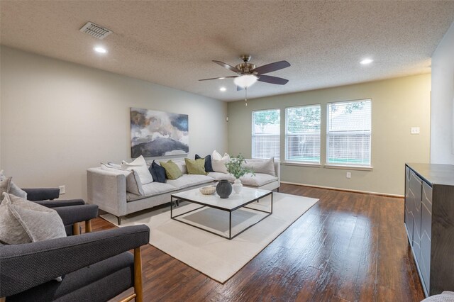 1637 Thornhill Ln, Little Elm, TX 75068 - living room with recessed lighting, ceiling fan, wood finished floors, and a textured ceiling