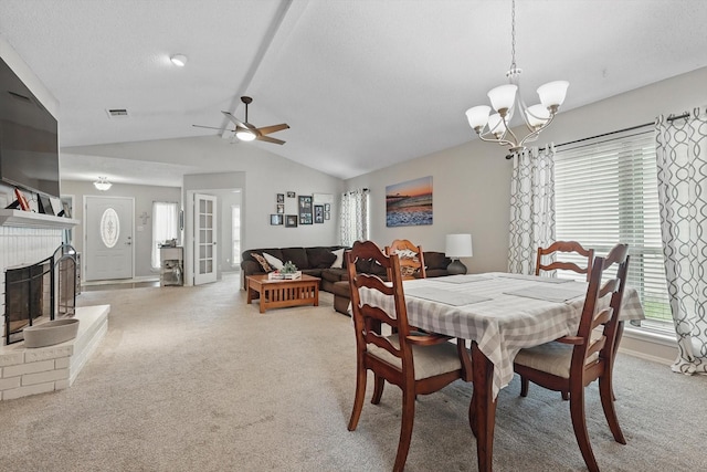 4109 Malone Ave, The Colony, TX 75056 - dining area with carpet, vaulted ceiling, a ceiling fan, and healthy amount of natural light