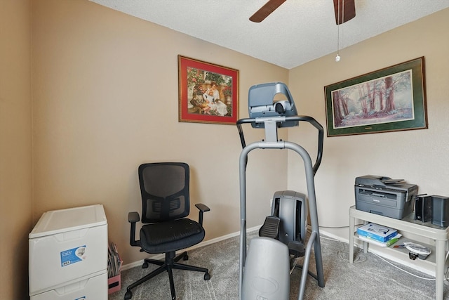 4109 Malone Ave, The Colony, TX 75056 - exercise area with carpet flooring, a ceiling fan, and a textured ceiling