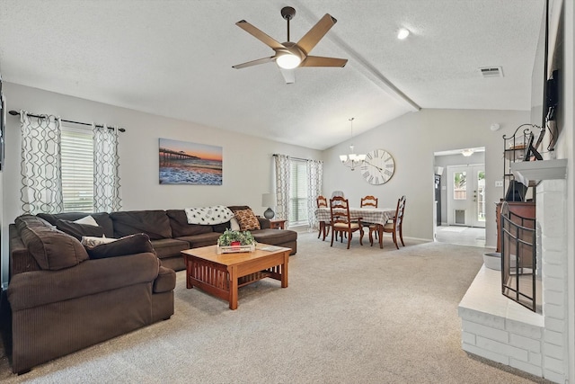 4109 Malone Ave, The Colony, TX 75056 - living room with carpet, a textured ceiling, ceiling fan, a chandelier, and lofted ceiling