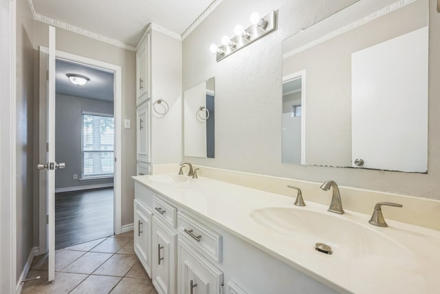 2413 Golden Willow Ln, Richardson, TX 75082 - full bath featuring double vanity, tile patterned floors, and ornamental molding