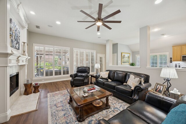 418 Long Cove Ct, Allen, TX 75002 - living area with plenty of natural light, recessed lighting, a ceiling fan, wood finished floors, and a fireplace