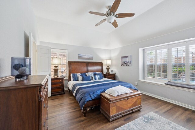 418 Long Cove Ct, Allen, TX 75002 - bedroom with dark wood-style floors, ceiling fan, and vaulted ceiling