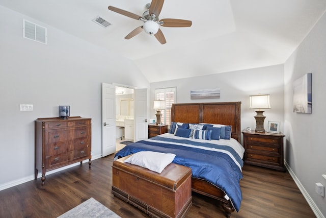 418 Long Cove Ct, Allen, TX 75002 - bedroom with wood finished floors, lofted ceiling, a ceiling fan, and ensuite bath