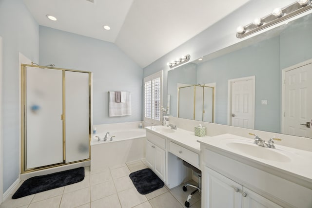 418 Long Cove Ct, Allen, TX 75002 - bathroom featuring a shower stall, a bath, vaulted ceiling, double vanity, and tile patterned floors