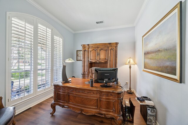 418 Long Cove Ct, Allen, TX 75002 - office space featuring dark wood-style flooring and ornamental molding
