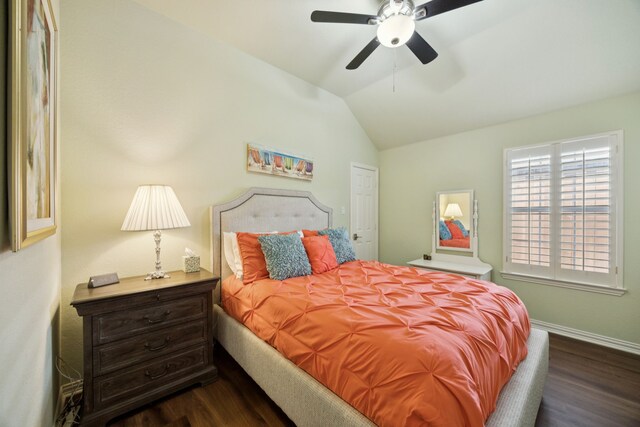 418 Long Cove Ct, Allen, TX 75002 - bedroom with dark wood-type flooring, lofted ceiling, and ceiling fan