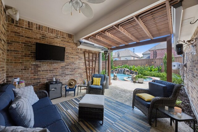 418 Long Cove Ct, Allen, TX 75002 - wooden deck featuring outdoor lounge area, a fenced backyard, a ceiling fan, a pergola, and a patio area