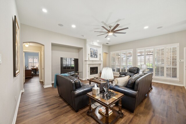 418 Long Cove Ct, Allen, TX 75002 - living area featuring arched walkways, a fireplace, ceiling fan, dark wood finished floors, and recessed lighting