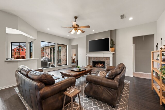 801 Cliffmoor Dr, Keller, TX 76248 - living area featuring a ceiling fan, dark wood-style floors, recessed lighting, and a fireplace