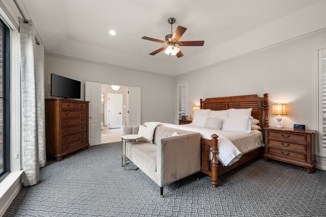 801 Cliffmoor Dr, Keller, TX 76248 - bedroom featuring carpet flooring, a raised ceiling, ceiling fan, and recessed lighting