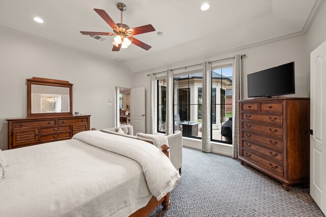 801 Cliffmoor Dr, Keller, TX 76248 - bedroom with access to exterior, carpet floors, lofted ceiling, recessed lighting, and a ceiling fan
