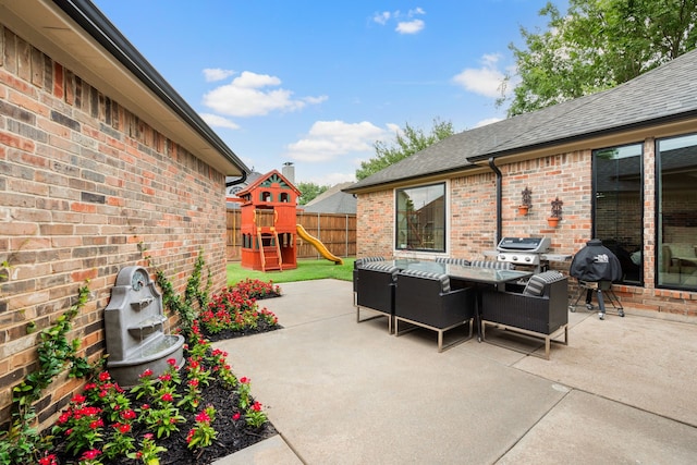 801 Cliffmoor Dr, Keller, TX 76248 - view of patio with a playground, outdoor dining space, and a grill