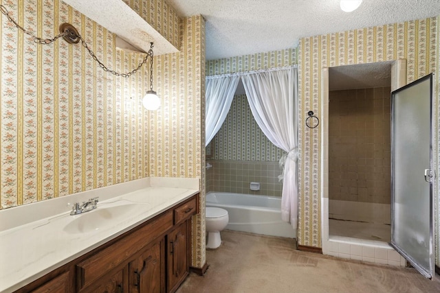 1419 Juniper Ln, Lewisville, TX 75077 - full bathroom featuring wallpapered walls, a textured ceiling, vanity, and shower / bath combination with curtain