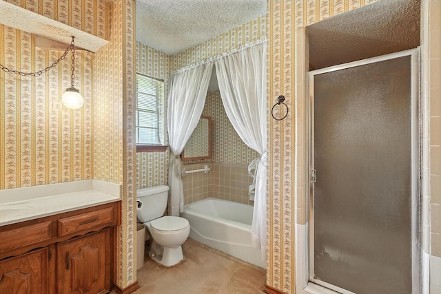1419 Juniper Ln, Lewisville, TX 75077 - full bathroom with wallpapered walls, a textured ceiling, and vanity