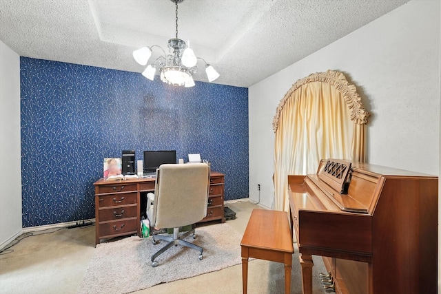 1419 Juniper Ln, Lewisville, TX 75077 - carpeted office space featuring a textured ceiling and a chandelier