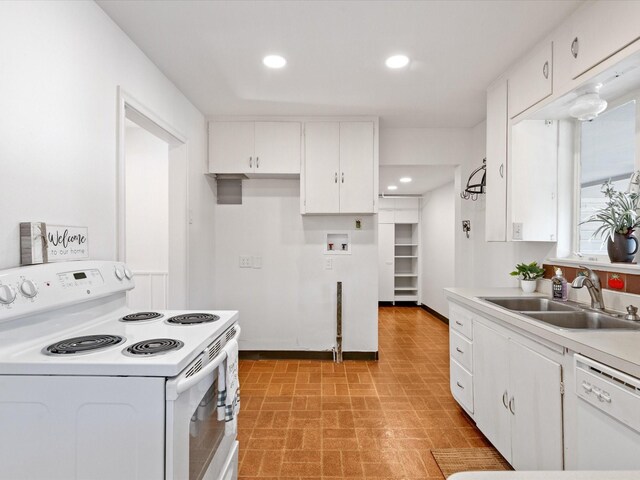 4608 Winthrop Ave E, Fort Worth, TX 76116 - kitchen with white appliances, white cabinetry, brick patterned flooring, light countertops, and recessed lighting