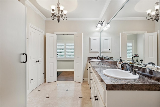 17227 Lechlade Ln, Dallas, TX 75252 - bathroom with a chandelier, double vanity, ornamental molding, tile patterned floors, and a closet