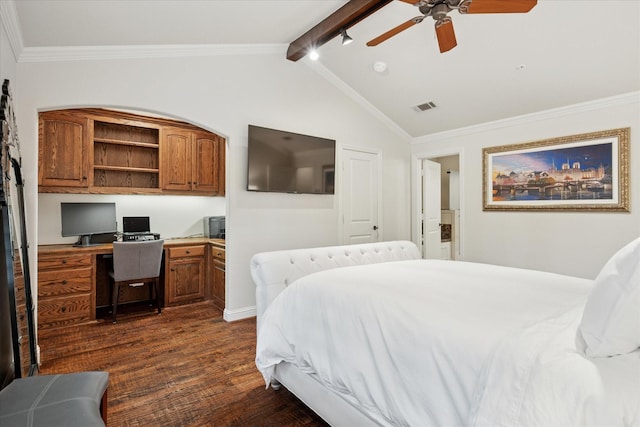 17227 Lechlade Ln, Dallas, TX 75252 - bedroom featuring dark wood-style flooring, built in study area, ornamental molding, and ceiling fan