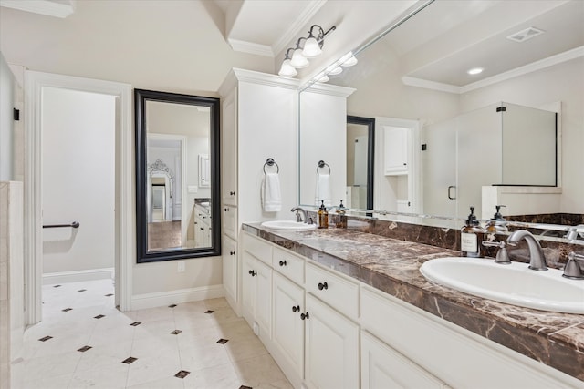 17227 Lechlade Ln, Dallas, TX 75252 - full bath with double vanity, crown molding, and tile patterned flooring