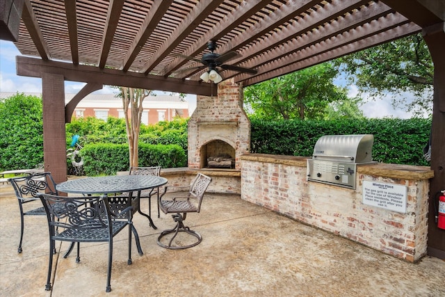 17227 Lechlade Ln, Dallas, TX 75252 - view of patio featuring an outdoor kitchen, an outdoor brick fireplace, a pergola, outdoor dining space, and a ceiling fan