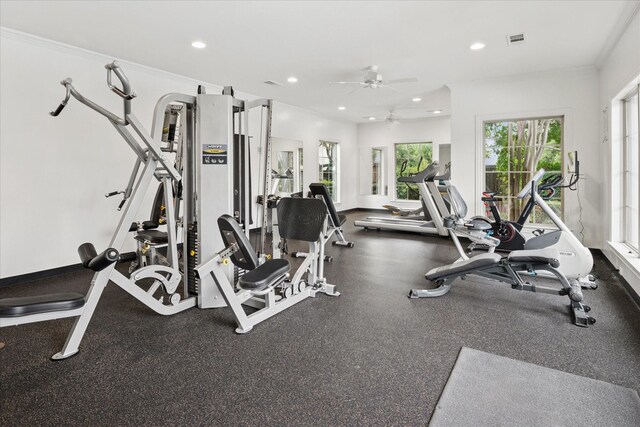 17227 Lechlade Ln, Dallas, TX 75252 - workout area featuring a ceiling fan, recessed lighting, and crown molding
