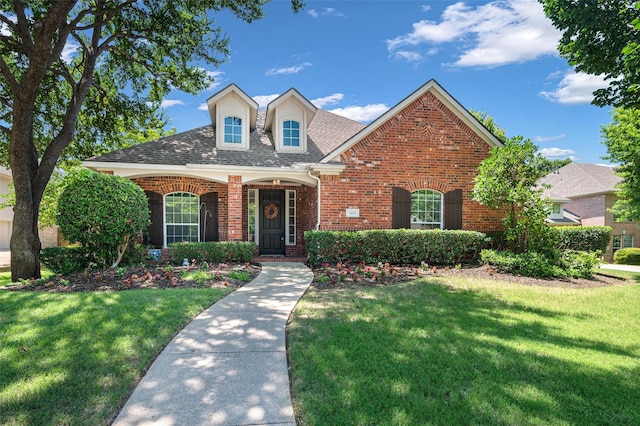 2413 Bachman Dr, Flower Mound, TX 75028 - traditional-style house featuring brick siding, a front yard, and roof with shingles