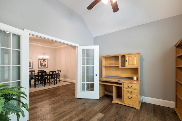 2413 Bachman Dr, Flower Mound, TX 75028 - office space featuring a chandelier, ceiling fan, dark wood-style floors, high vaulted ceiling, and french doors