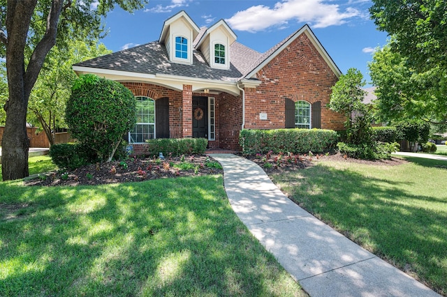 2413 Bachman Dr, Flower Mound, TX 75028 - traditional home with brick siding, a front yard, roof with shingles, and a porch
