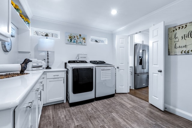 9867 Dripping Springs Rd, Denison, TX 75021 - kitchen with high quality fridge, washer and clothes dryer, ornamental molding, white cabinets, and wood finished floors