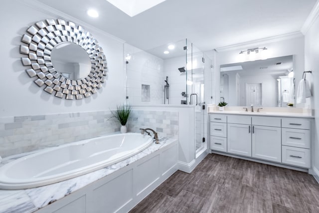 9867 Dripping Springs Rd, Denison, TX 75021 - bathroom with a garden tub, a shower stall, crown molding, vanity, and recessed lighting