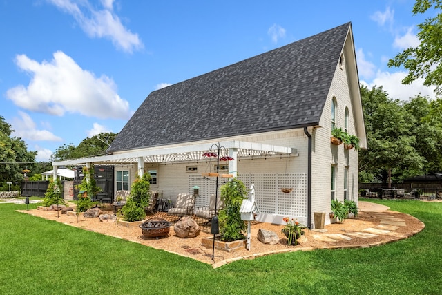 9867 Dripping Springs Rd, Denison, TX 75021 - rear view of property featuring brick siding, roof with shingles, and a yard