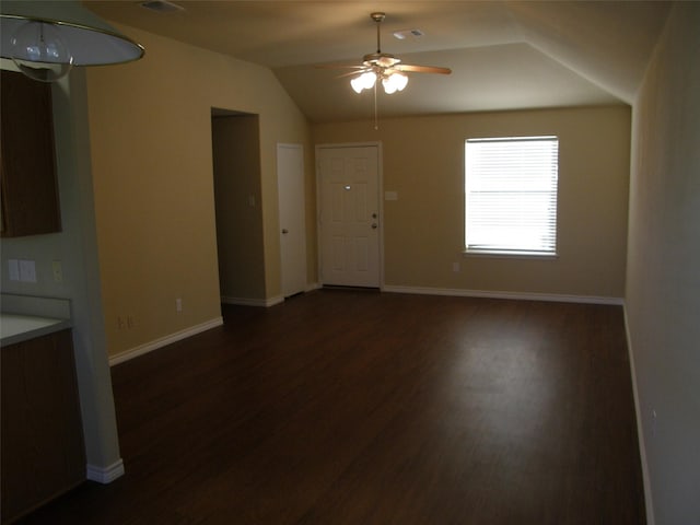 5905 Pacers Ln, Fort Worth, TX 76179 - unfurnished living room featuring dark wood-style floors, a ceiling fan, and lofted ceiling