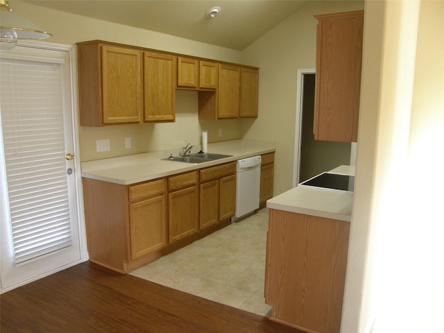 5905 Pacers Ln, Fort Worth, TX 76179 - kitchen featuring dishwasher, vaulted ceiling, light countertops, and light wood-style floors