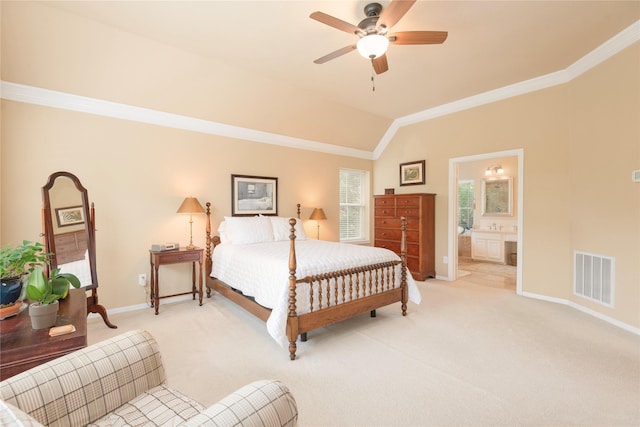 2903 Moss Creek Ct, Mckinney, TX 75072 - bedroom featuring ornamental molding, light colored carpet, vaulted ceiling, ensuite bathroom, and a ceiling fan