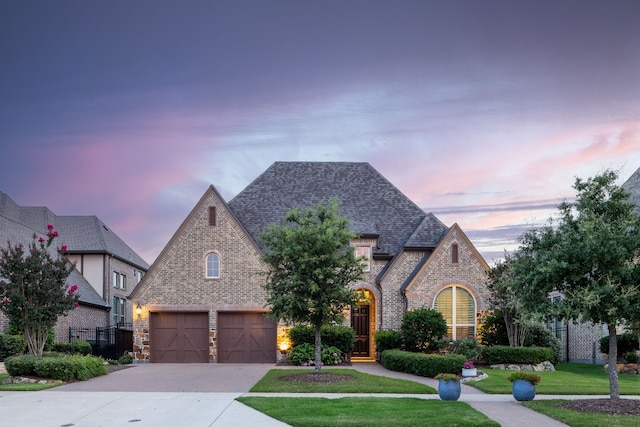 1861 Snapdragon Rd, Frisco, TX 75033 - view of front facade with brick siding, an attached garage, driveway, roof with shingles, and stone siding