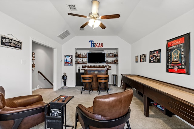 1861 Snapdragon Rd, Frisco, TX 75033 - rec room with a bar, carpet floors, vaulted ceiling, and ceiling fan