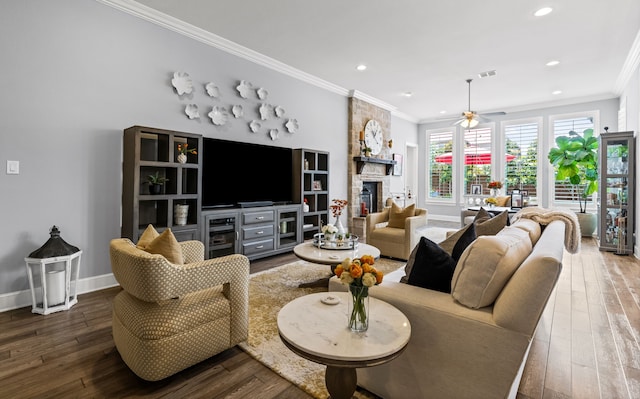 1861 Snapdragon Rd, Frisco, TX 75033 - living area with crown molding, wood-type flooring, ceiling fan, recessed lighting, and a fireplace