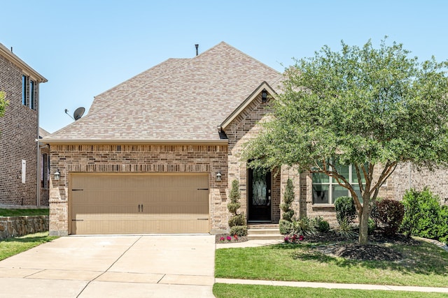 4001 Bamboo Trl, Mckinney, TX 75071 - french country home featuring an attached garage, concrete driveway, roof with shingles, and brick siding