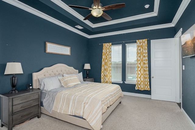 4001 Bamboo Trl, Mckinney, TX 75071 - bedroom featuring a raised ceiling, carpet floors, ornamental molding, and ceiling fan