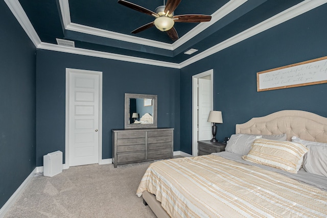 4001 Bamboo Trl, Mckinney, TX 75071 - carpeted bedroom with crown molding, a tray ceiling, and ceiling fan