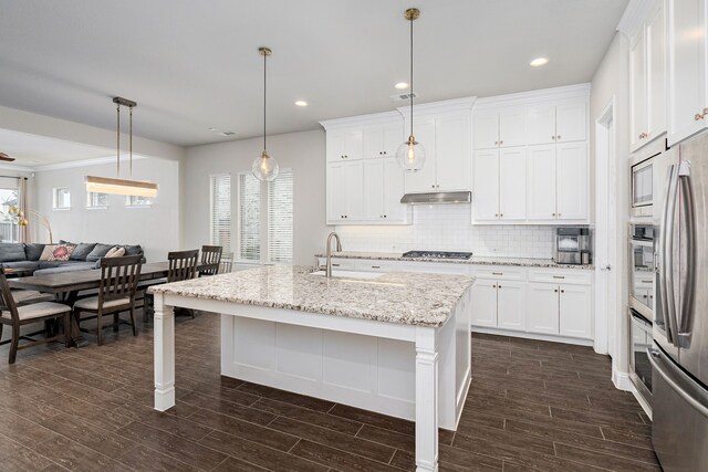 4001 Bamboo Trl, Mckinney, TX 75071 - kitchen featuring stainless steel appliances, healthy amount of natural light, tasteful backsplash, dark wood-style flooring, and recessed lighting