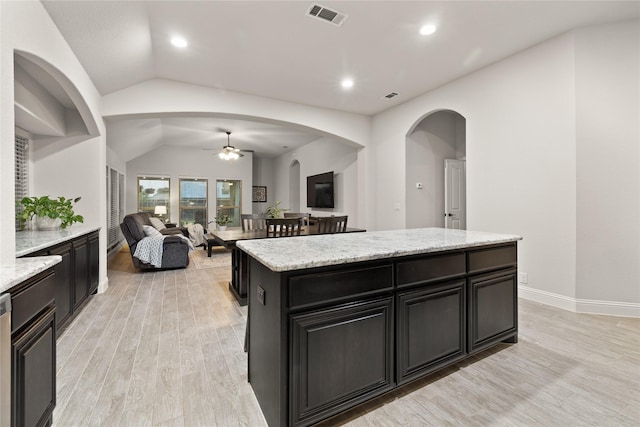1501 Birdsong Ct, Midlothian, TX 76065 - kitchen featuring lofted ceiling, ceiling fan, open floor plan, light wood-type flooring, and dark cabinetry