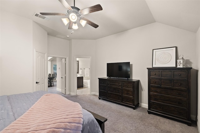 1501 Birdsong Ct, Midlothian, TX 76065 - bedroom featuring lofted ceiling, carpet, ensuite bathroom, and a ceiling fan