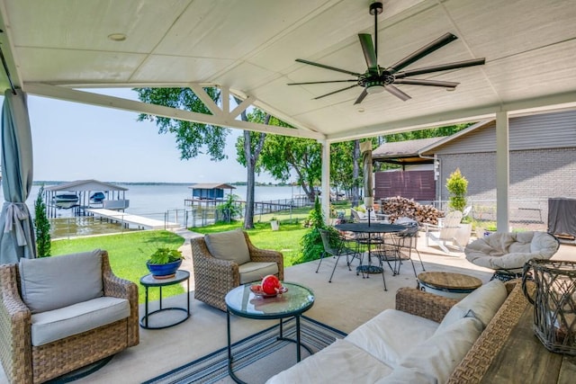 105 Causeway Ct, Gun Barrel City, TX 75156 - view of patio / terrace featuring a water view, outdoor lounge area, a ceiling fan, and outdoor dining space