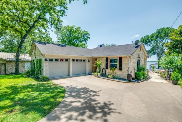 105 Causeway Ct, Gun Barrel City, TX 75156 - ranch-style home with stone siding, an attached garage, concrete driveway, and a front yard