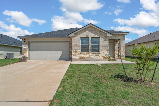 6941 Guadalupe Rd, China Spring, TX 76633 - view of front of house featuring driveway, an attached garage, a front lawn, roof with shingles, and stone siding