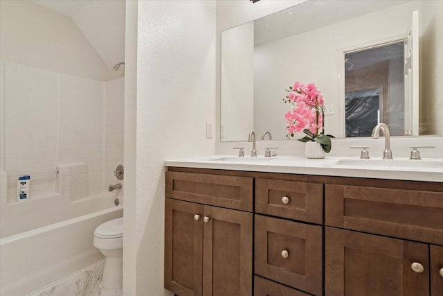 1208 Wildflower Ln, Mesquite, TX 75149 - bathroom with double vanity, washtub / shower combination, and marble look tile flooring